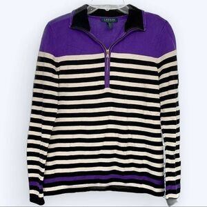 Lauren Ralph Lauren black white stripe 1/4 zip long sleeve 100% cotton sweater 